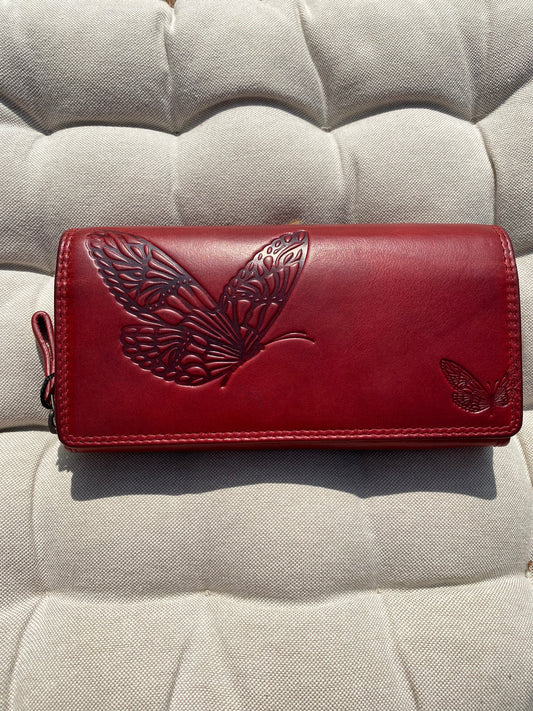 Large Women's Wallet Made of Genuine Leather with Butterflies – Red | Lapino Dovanos