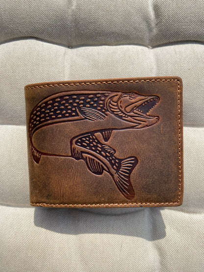 Men's RFID Bifold Wallet – Genuine Brown Leather with Fish Design