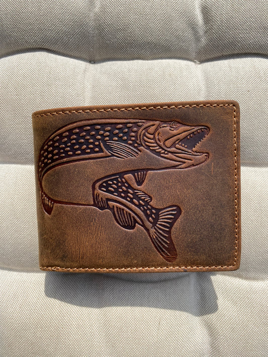 Men's RFID Bifold Wallet – Genuine Brown Leather with Fish Design