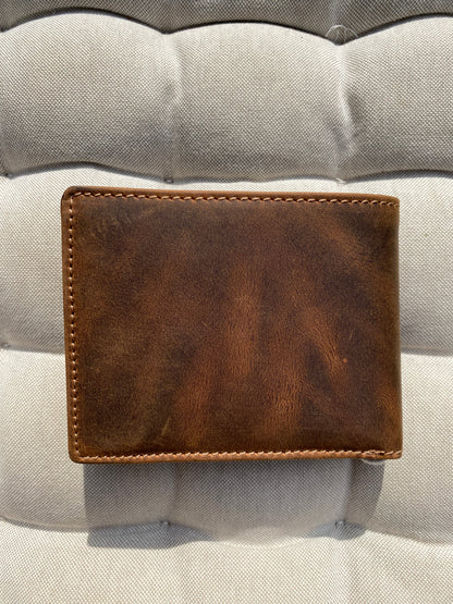 Men's RFID Bifold Wallet – Genuine Brown Leather with Fish Design