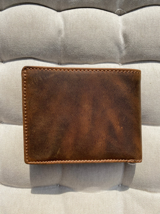 Men's RFID Bifold Wallet – Genuine Brown Leather with Fish Design